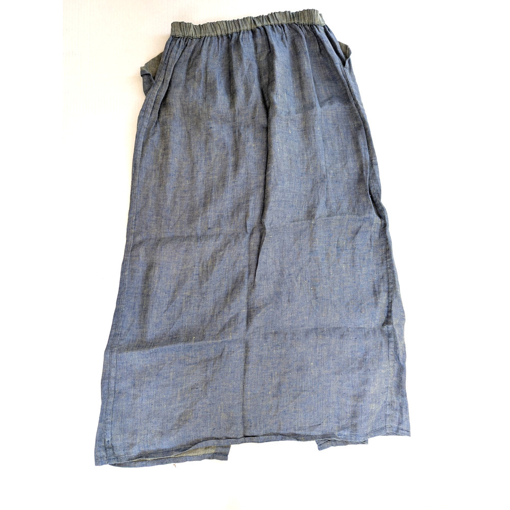 FLAX Linen Skirt Small Blue Denim Boho Lagenlook Natural Pull On Stretch Pockets - Picture 2 of 6